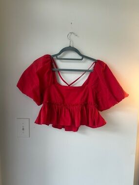 Kimchi Blue Red Puff-Sleeve Peplum Crop Top with Crisscross Straps